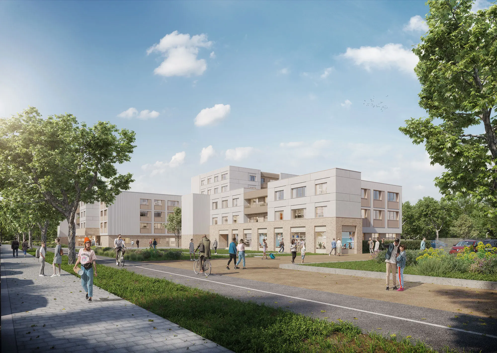 French youth housing project – Visualization 02 daytime view, High-End 3D CGI Visualization Photorealistic daytime 3D rendering of the renovated project for a youth-oriented housing project in France, architectural rehabilitation by NVW Architectes and rendered by A3ZO