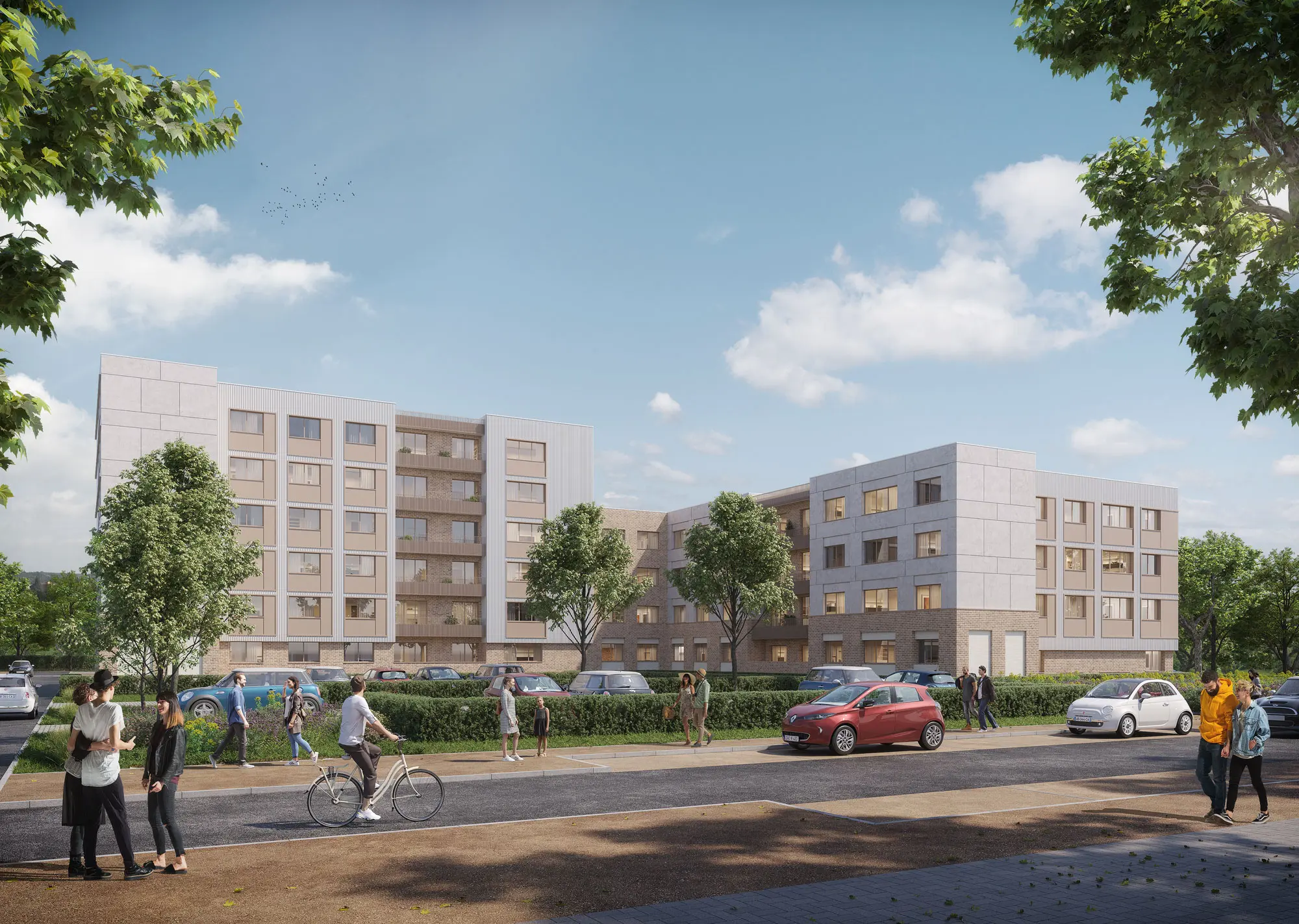 Urban rehabilitation in France – Visualization 01 designed by NVW Architectes Daytime 3D visualization of the renovated project for a youth housing project in France, contemporary architecture by NVW Architectes rendered by A3ZO, high-end CGI rendering